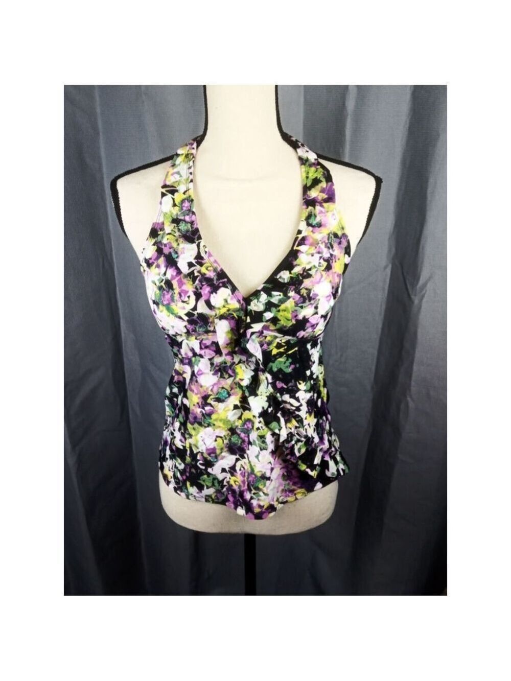 Assets by Spanx Tankini Top Size M Black Purple Floral